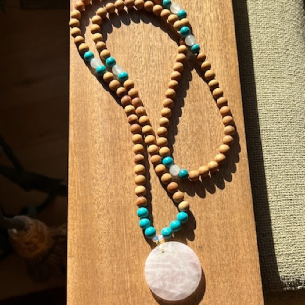 Sacred Summer Sandalwood, Turquoise & Rose Quartz Pendant Necklace - Mala